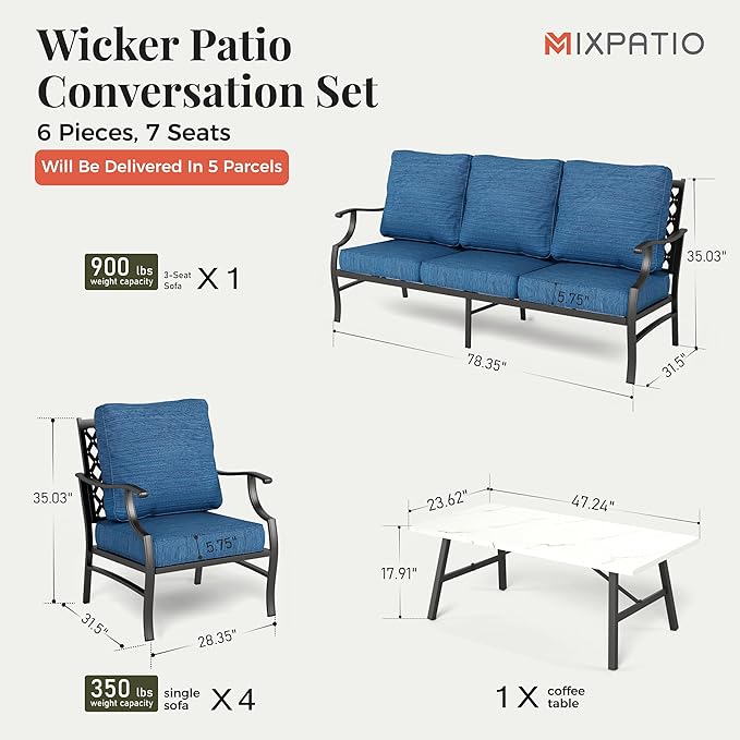 Patio Furniture Set 6 pcs, Outdoor Patio Furniture, 1 X 3-Seat Sofa, 4 X Single Chairs, 1 X Coffee Table and 5.75" Extra Thick Cushion, Patio Conversation Set,Gemstone Blue