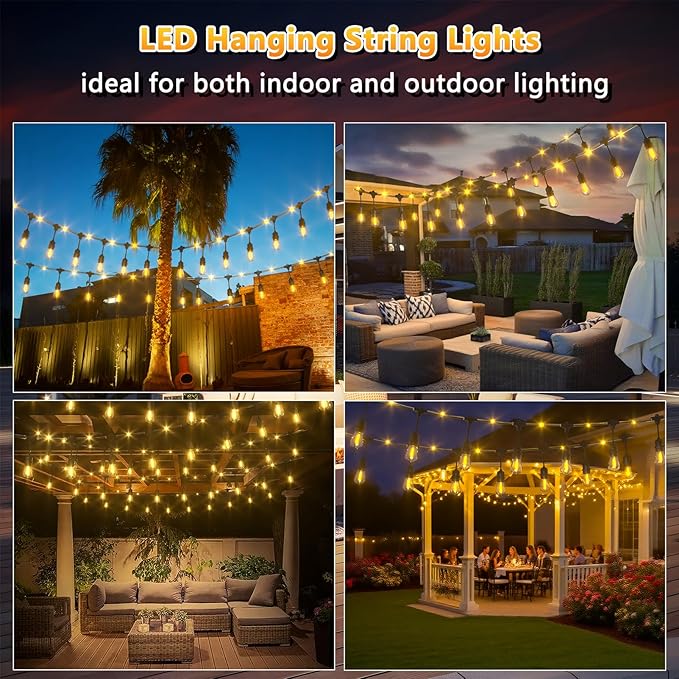 Outdoor String Fairy Lights, 24ft Dimmable Patio Lights with 12+1 S14 Retro Edison Bulbs & 72 Fairy Rope, IP65 Waterproof, LED Outside Hanging Light for Backyard Gazebo Bistro, 10 Strands Connectable