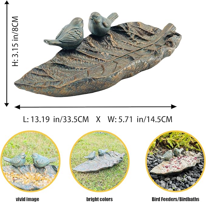 Outdoor Garden Bird Bath Sculpture, Polyresin on Leaf Bird Feeder, Garden Patio Deck Ground Gifts for The Family