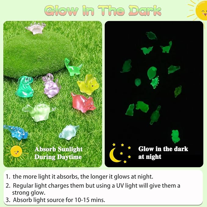 100PCS Luminous Mini Resin Dinosaur Glow in The Dark, 28 Styles Tiny Animals for Hide Garden Micro Landscape Dollhouse Decor Craft