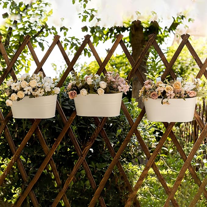3 Pack Metal Hanging Flower Pots for Railing Fence，Outdoor Balcony Rail Planter with Detachable Hooks Drainage Holes for Deck Garden Home Decor White