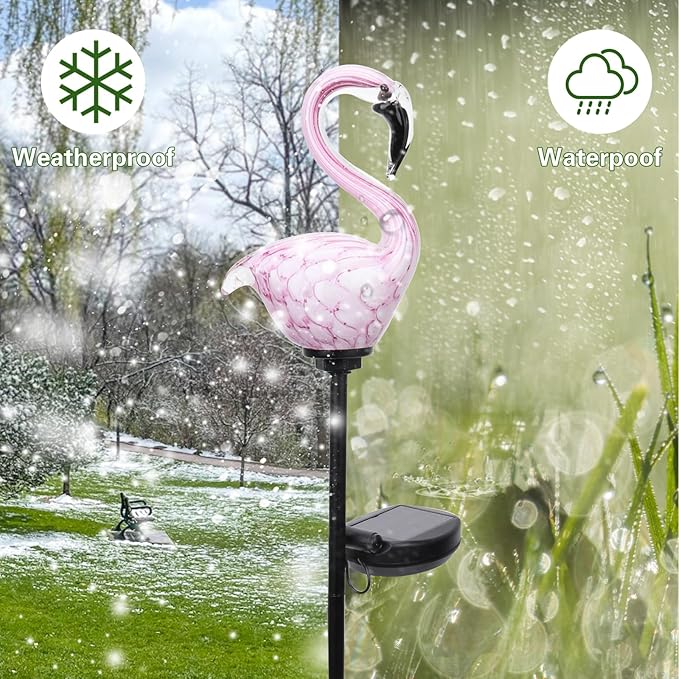 Afirst Solar Outdoor Lights Decorative - Solar Garden Stake Lights Flamingo Handblown Glass Garden Stakes Garden Pathway Lights Outdoor Waterproof Glass Stakes 4" W 2 Pack