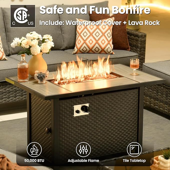 ovios 7 Pieces Patio Furniture Set with 42" Fire Pit Table, Outdoor Sofa Couch with Solar Lights Table Comfy Cushions, Modern Deep Seat Wicker Rattan Conversation Set, Dark Grey