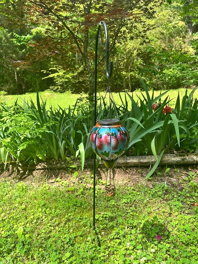 2PCS Solar Hot Air Balloon Flickering Flame Hanging Garden Light with Shepherd's Hooks, Waterproof Glass Outdoor Lantern for Yard Patio, Mother's Day Gift, 18" H Hummingbird & Flower
