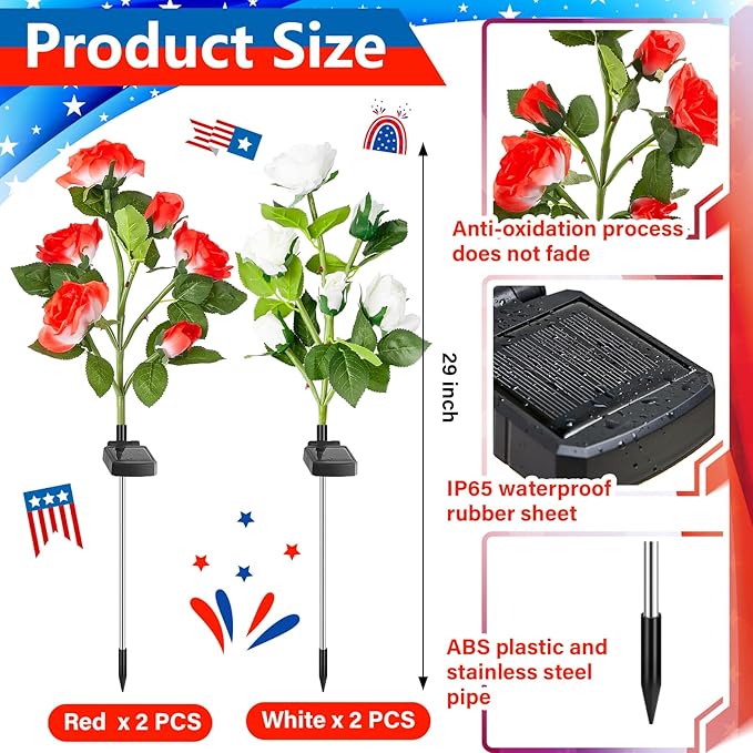 Woanger 4 Pcs Solar Flowers Cemetery Grave Decorations Outdoor LED Flower Lights with 6 Rose Powered Garden Stake Lights Waterproof for Independence Day Grave Decorations(Red, White)