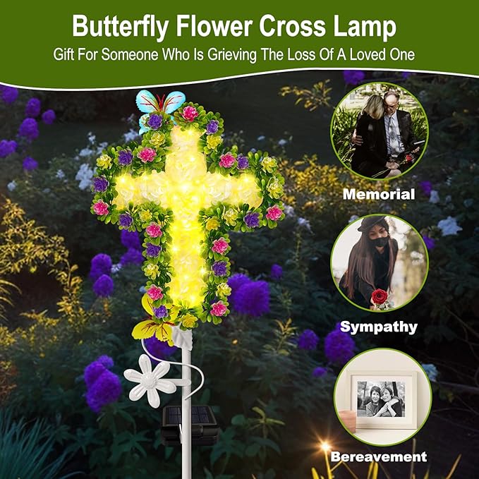 YJFWAL Solar Flowers Cross Garden Stake Lights, Yard Solar Lights Cemetery Decorations for Grave Outdoor Jesus Cross Sympathy Memorial Gifts for Grandmother, Garden Yard Lawn Patio Pathway