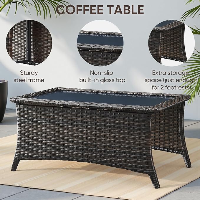 Swivel Patio Chairs sofa Set of 4 with 6" Thick Cushion - Wicker Outdoor Swivel Rocker Patio Chair ,Sofa/Glass coffee table, High Back Comfortable Outdoor Glider Chairs - Brown Wicker | Blue Cushions