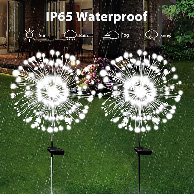 Solar Garden Lights Solar Firework Lights Outdoor Waterproof 4 Pack Solar Powered Art Stake Twinkle Lighting 180 LED Sparklers Solar Lights for Yard Pathway Patio Outside Party Decorations (White)