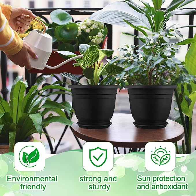 12 Pack 8+'' Plastic Plant Pots Round Planter Pots with Saucer Tray Seedling Pot Hole Seed Resin Plant Pot Starting Nursery Flower Container with Pallet for Garden Outdoor Indoor(Black)