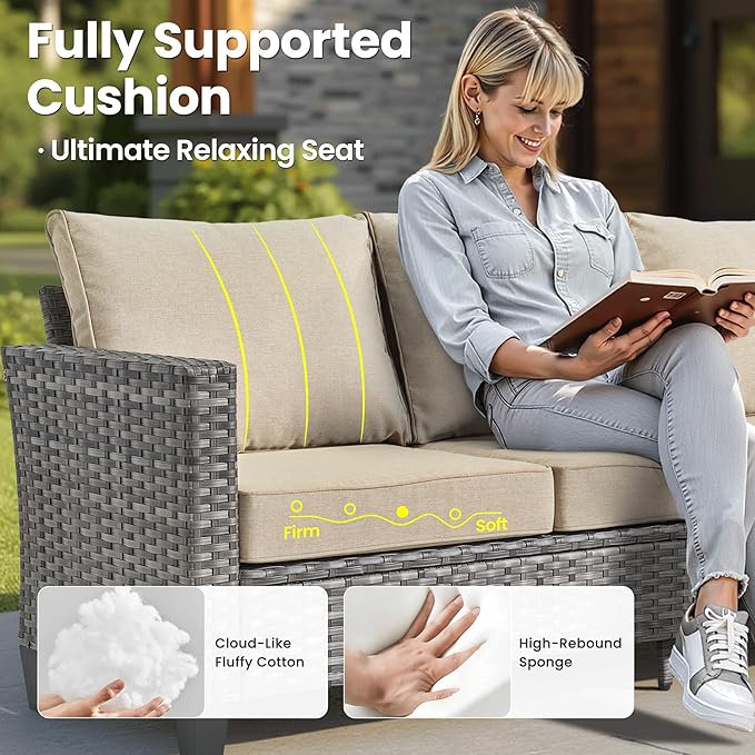 ovios 8 Pieces Patio Furniture Set Outdoor Sofa Couch with Solar Lights Table Comfy Cushions, Modern Deep Seat Wicker Rattan Conversation Set for Porch Deck, Beige