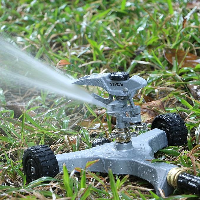 STYDDI Metal Pulsating Sprinkler on in-Series Metal Wheeled Base, Adjustable Circular Water Sprinkler for Medium to Large Circular Lawn, Yard, Garden and Large Areas, Coverage up to 6,360 Sq. ft