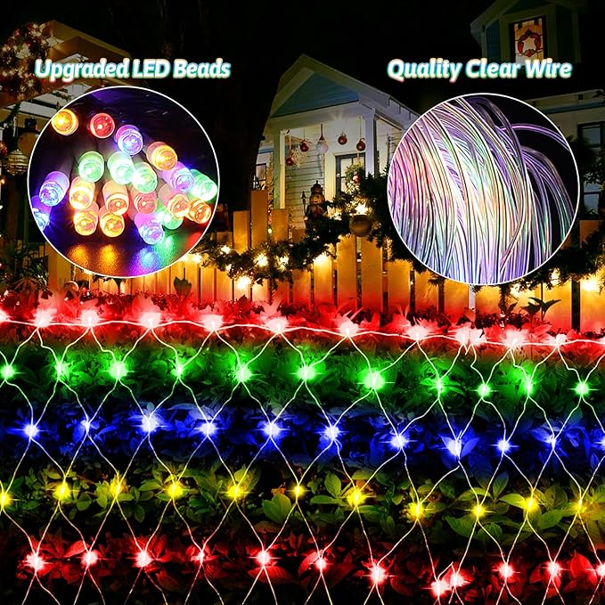 2 Pack Total 400 LED Christmas Net Lights Outdoor 6M*4M Mesh Lights Fairy String Lights Plug in with Timer 8 Modes Waterproof for Outside Bush Window Wall Patio Fence Tree Decorations-Multicolored