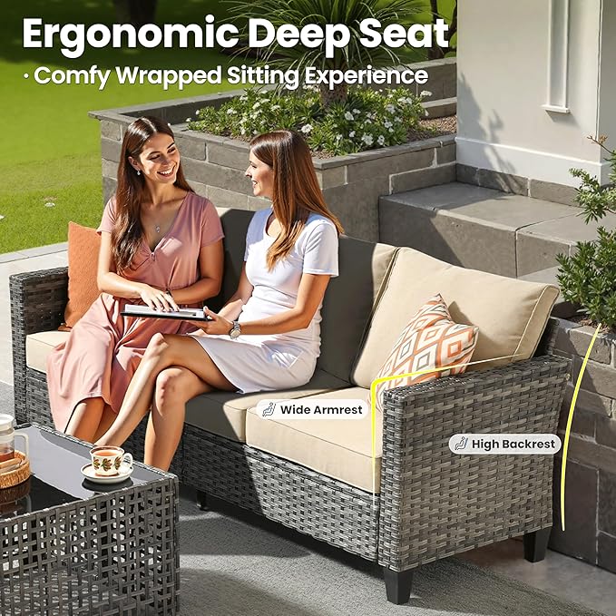 ovios 8 Pieces Patio Furniture Set Outdoor Sofa Couch with Solar Lights Table Comfy Cushions, Modern Deep Seat Wicker Rattan Conversation Set for Porch Deck, Beige