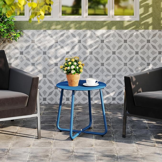 HollyHOME Round Metal Side Table, Rust-Resistant Patio Small Plant Stand, Outdoor 17.32'' Portable End Table for Balconies, Gardens, Living Rooms and Bedrooms, Navy Blue