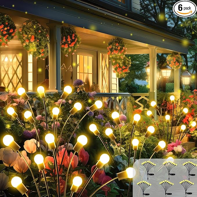 2025 Solar Lights Outdoor Waterproof, 6 Pack Solar Garden Lights, Solar Firefly Lights Outdoor Waterproof, Solar Twinkle Swaying Fairy Light for Pathway Yard Garden Christmas Decorations (Warm White)