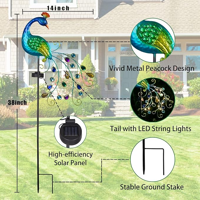 DREAMSOUL Metal Peacock Garden Solar Lights Outdoor Decorative Garden Stake Lights- Waterproof Peacock Solar Landscape LED Path Light Patio Yard Lawn Outside Decoration