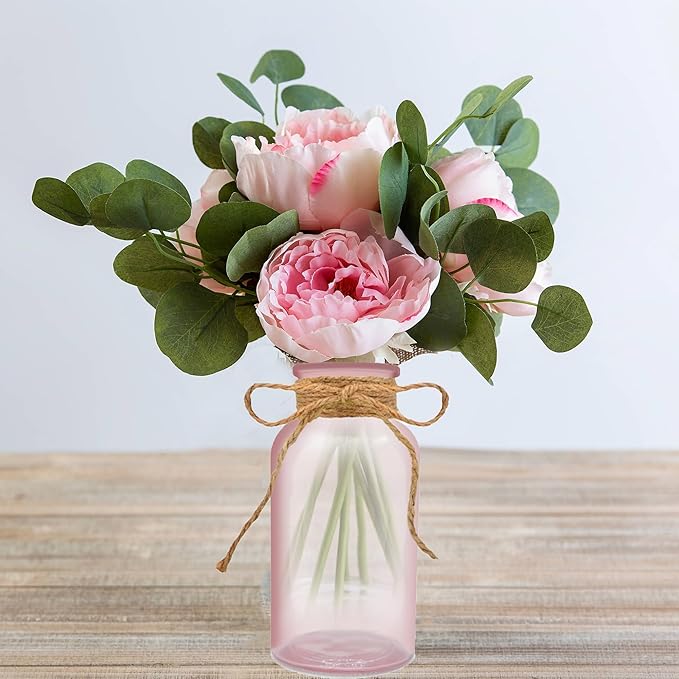 Vintage Glass Flower Vase，12 Pack Pink Farmhouse Glass Centerpiece Vases Mason Jars for Weddings, Parties & Home Decor Bulk (12, Pink)