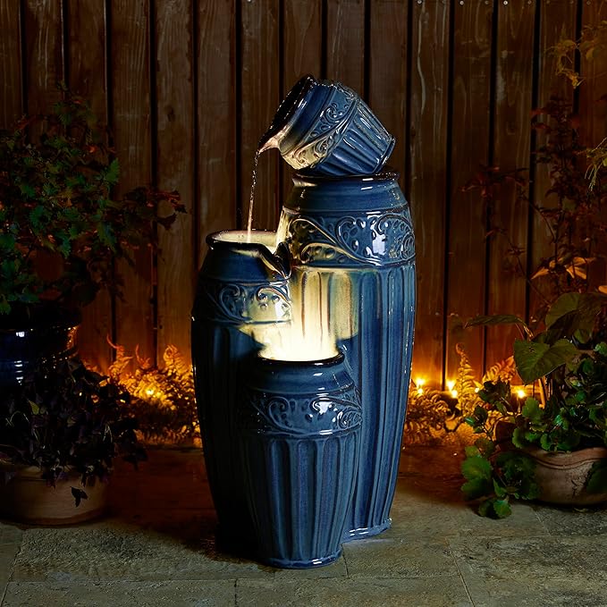 Glitzhome 35.5" H Oversized Outdoor Water Fountain with LED Lights and Pump, 4 Tier Turquoise Embossed Pattern Ceramic Pots Fountains, Cascading Standing Fountain for Porch Deck Garden Patio Backyard