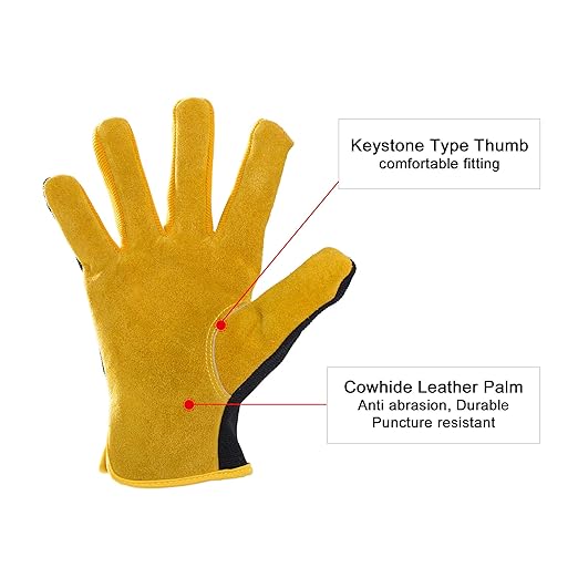 HLDD HANDLANDY Garden Gloves Men, Leather Work Gloves for Men & Women, Cowhide Gardening Gloves Utility Work Gloves for Mechanics, Construction, Driver (M, Yellow)