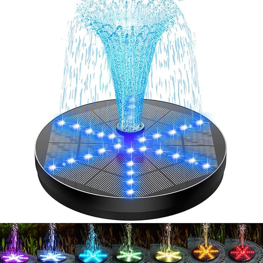 SZMP Solar Fountain Upgraded, 4W Bird Bath Fountain Pump with 7 Colors Lights, 7 Nozzle & 4 Fixer, 4000 Battery, Solar Water Fountain for Garden, Pool, Pond, Fish Tank