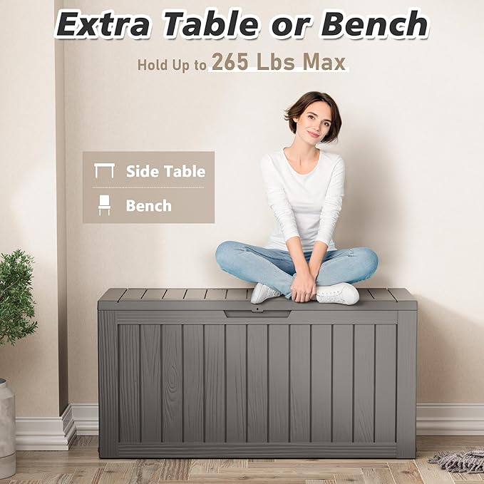 KAMABOKO Deck Box, 75 Gallon Resin Indoor and Outdoor Storage Boxes Waterproof for Garden Tools, Pool Accessories Storage Bench, Patio Furniture and Cushions with Lockable Lid, Grey