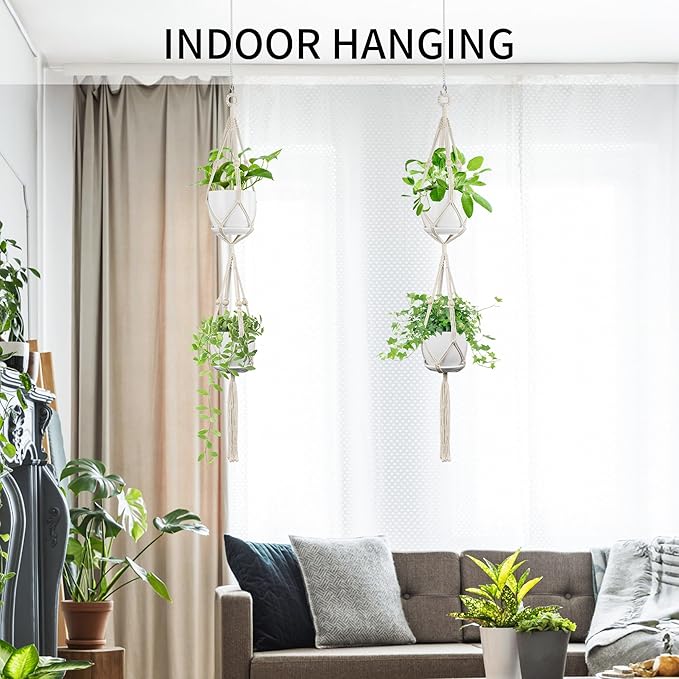 2 Pack Macrame Plant Hanger, 49 Inch, Fits 4-8 Inch Pots, 2 Tier Indoor Outdoor Hanging Planter Basket Flower Pot Holder, Boho Home Decor, Ivory (POTS NOT Included)
