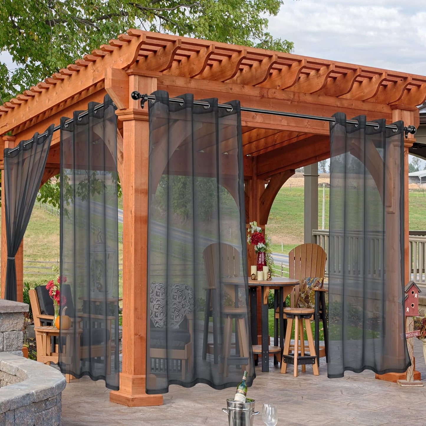 HolidayIdeas Outdoor Sheer Curtains for Patio Waterproof, 2 Panels - 54 x 95 Inch - Grey Light Filtering Voile Outside Curtains Grommet Drapes for Front Porch, Gazebo, Pergola, Backyard