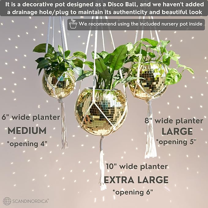 SCANDINORDICA Disco Ball Planter – Value Package: Mirror Disco Planter with Chain, Macrame Hanger and Acrylic Stand for Desk, Includes Self Watering Insert, Retro Decor | 6 inch Gold
