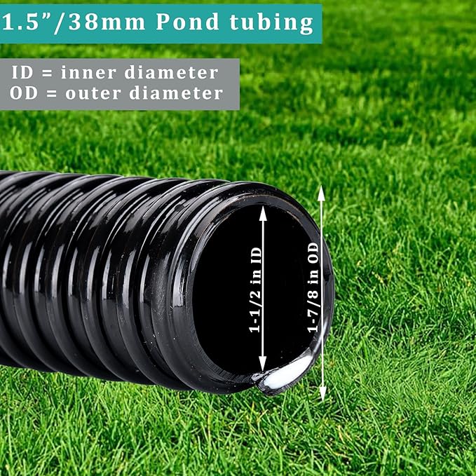 Pond Tubing ID 1 1/2” × 20ft Black Corrugated Flexible Reinforced Waterfall Pond Tube Sump Pump Hose, Non-toxic & Kinkproof (20 ft, 1 1/2" ID 38mm)