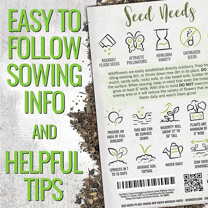 Seed Needs Wildflower Seeds Hummingbird and Butterfly Seed Mix | 2 Packs (1 Ounce Each) No Filler 23 Varieties Garden Seeds Annual & Perennial Species | Pollinator Attracting Flower Seed | Bulk