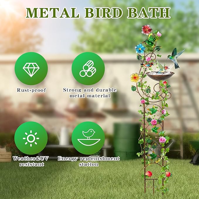 57” Bird Bath with Garden Trellis for Climbing Plants Outdoor, Small Decorative Metal Birdbath Bird Baths, Hummingbird (Hummingbird)