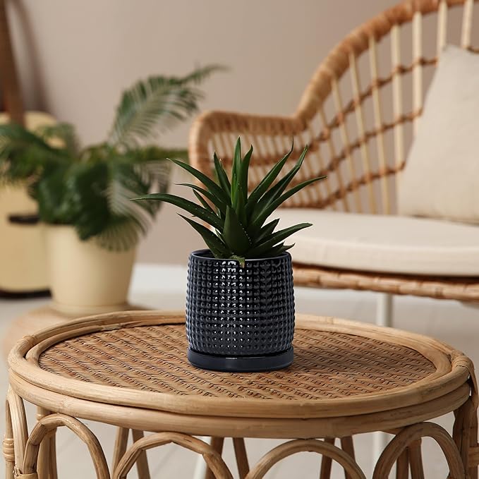 D'vine Dev 4 Inch Ceramic Beaded Stoneware Planter Pot - Flower Pot with Drainage Holes and Saucers for Indoor Succulent Plants or Flowers, Glossy Black, 27-C-Z-2