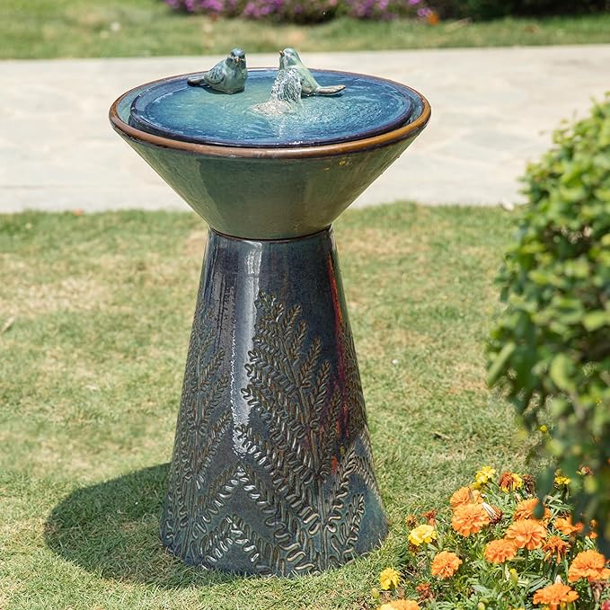 Glitzhome 27.5" H Outdoor Garden Water Fountain with LED Light and Pump, Turquoise Two Birds Embossed Pattern Pedestal Ceramic Floor-Standing Water Fountain for Yard Floor Patio Backyard