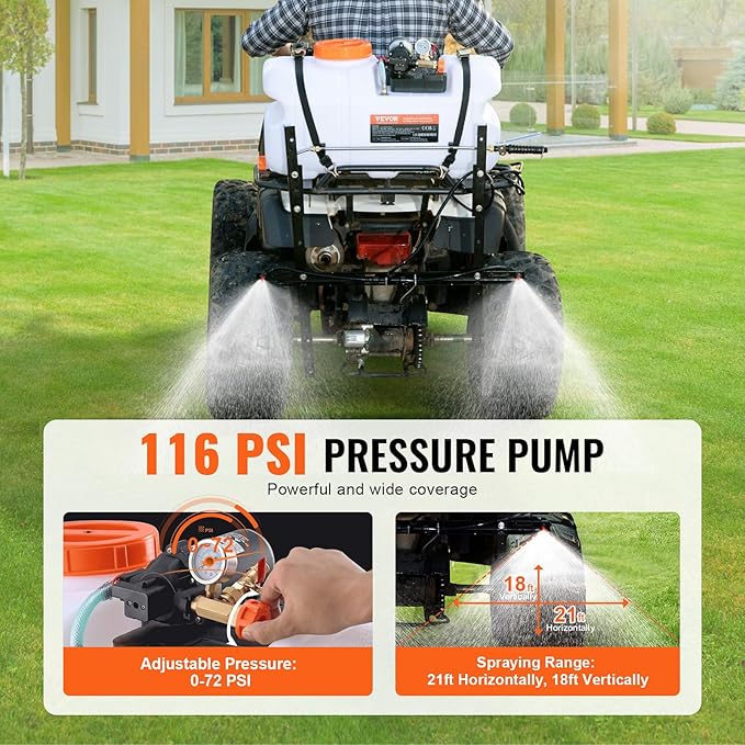 VEVOR ATV Spot Sprayer, 15.9 Gal/60L ATV/UTV Broadcast With Nozzle Boom, 12 V Pump With Water Tank, 1.9 GPM Flow Rate, Adjustable 0-72 PSI, 20FT Hose, Weed Sprayer for Garden, Farm