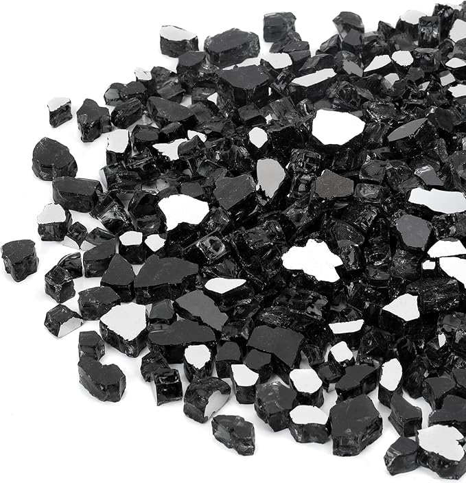 Mr. Fireglass 20 Pounds Black Reflective Fire Glass, 1/2 Inch High Luster Reflective Tempered Glass Rocks for Fire Pit Table Fireplace and Landscaping, Decorative Propane Gas Fireplace Glass Rocks