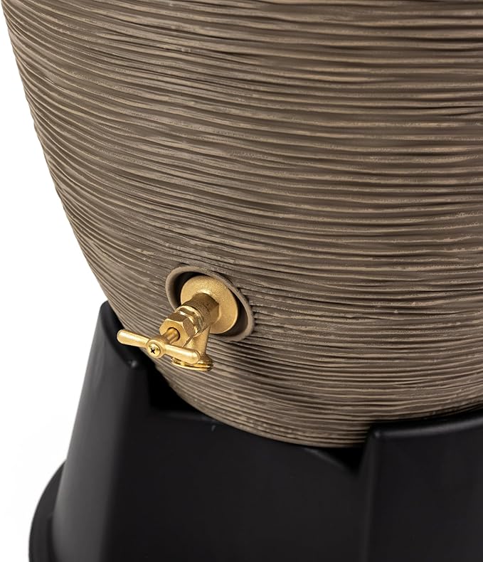 Newport 50‑Gallon Flat‑Back Rain Barrel with Stand & Planter Bundle – Sandstone | Removable Lid, UV-Stabilized Outdoor Water Storage