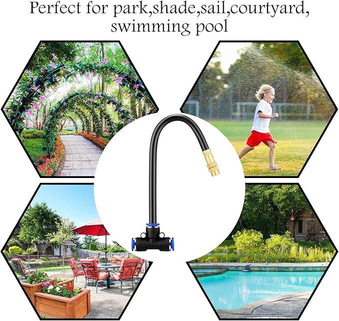 Zonon Brass Misting Nozzles Tee with Built in Hose 360 Degree Rotation Adjustable Water Mister Nozzles Thread Sprayer 0.043" Misting Parts and Accessories for Patio Outdoor Cooling(15 Pcs,8 Inch)