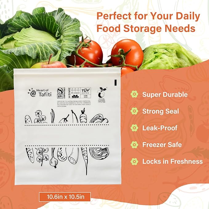 Compostable Food Storage Bags, Large Gallon Resealable Freezer Bags, 60 Count, 10.5 x 10.6 inches, Extra Thick and Reusable, Eco-Friendly, Certified US BPI ASTM D6400 Europe OK Compost