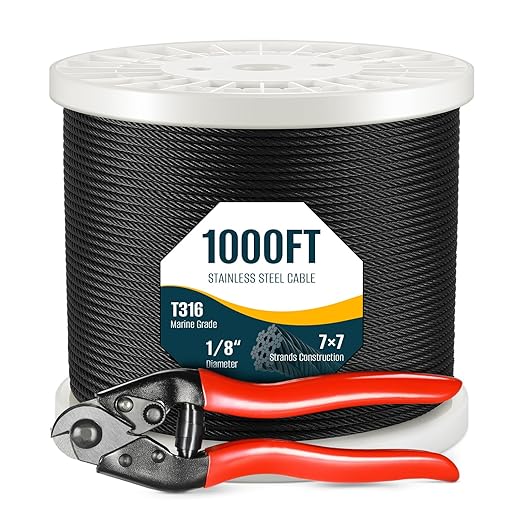 1000FT 1/8" Black T316 Stainless Steel Cable, 7x7 Strands Construction, Black Wire Rope Aircraft Cable for Indoor, Outdoor, Deck Fence Railing, and DIY Balustrades