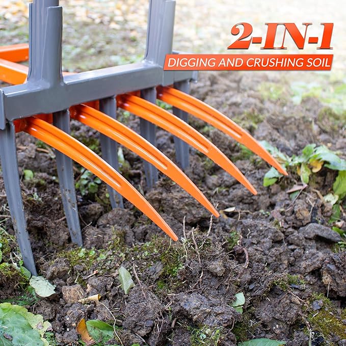 Walensee Broad Fork Garden Tool, 9 Tines Heavy Duty Broadfork Hand Tiller, 2-in-1 Garden Pitchfork with Ergonomic U-Shaped Handle, Spading Digging Fork for Gardening, Cultivating