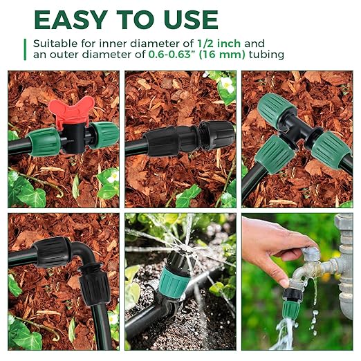 32Pcs 1/2 Inch Tubing Drip Irrigation Fittings Kit, 1/2 ID x 0.6-0.63 OD 16 mm Drip Line Barbed Locked Nut Connectors - 4 Switch Valves, 8 Tees, 8 Couplings, 4 Elbows, 4 Ends, 4 Adapters