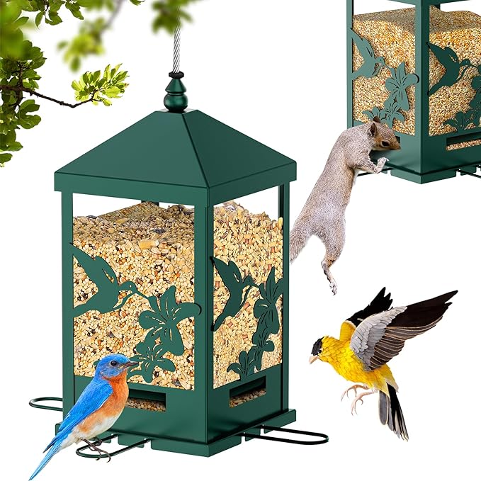 Squirrel Proof Bird Feeders for Outdoors, 6LBS Extra Large Capacity Hanging Metal Bird Feeder with Weight-Activated Perches, Wild Bird Feeders for Outside Finch, Cardinal, Blue Jay