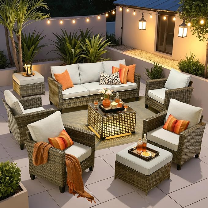 ovios 8 Pieces Patio Furniture Set Outdoor Sofa Couch with Solar Lights Table Comfy Cushions, Modern Deep Seat Wicker Rattan Conversation Set for Porch Deck, Grey