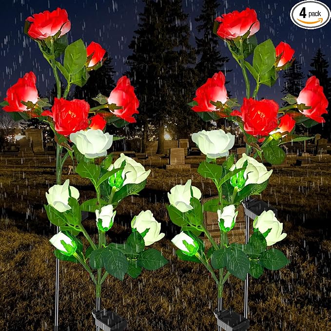 Woanger 4 Pcs Solar Flowers Cemetery Grave Decorations Outdoor LED Flower Lights with 6 Rose Powered Garden Stake Lights Waterproof for Independence Day Grave Decorations(Red, White)