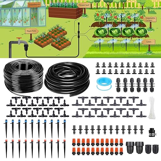 240FT Drip Irrigation System, Automatic Drip Irrigation Kit with 1/2 inch Hose 1/4 inch Distribution Tubing and Accessories for Greenhouse, Yard, Lawn, Plant