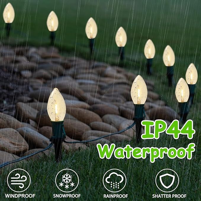 C9 Christmas Pathway Lights, 38FT C9 Christmas Pathway String Lights with 25 Clear LED Light Bulbs and Stakes for Outdoor Walkway Driveway Backyard Christmas Decorations