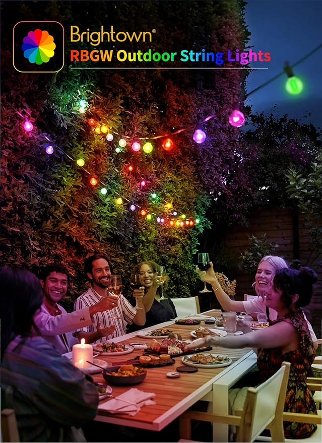 Brightown RGBW Outdoor String Lights, 25FT LED Patio Lights with Remote and Timer, Commercial Grade Waterproof Hanging Lights with 13 Shatterproof Bulbs(1 Spare) for Backyard Porch Garden Party Decor