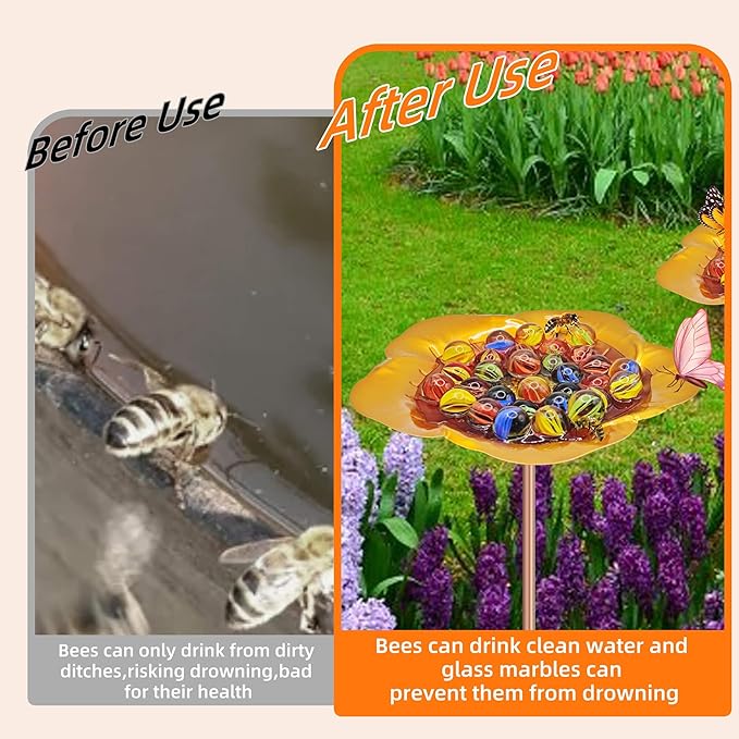 Bee Watering Station-Golden Butterfly Puddler Bee Bath & Feeder with Metal Stakes - 30 Glass Marbles, Vivid Flower Design, Garden Yard Decor (Golden-2PACK)