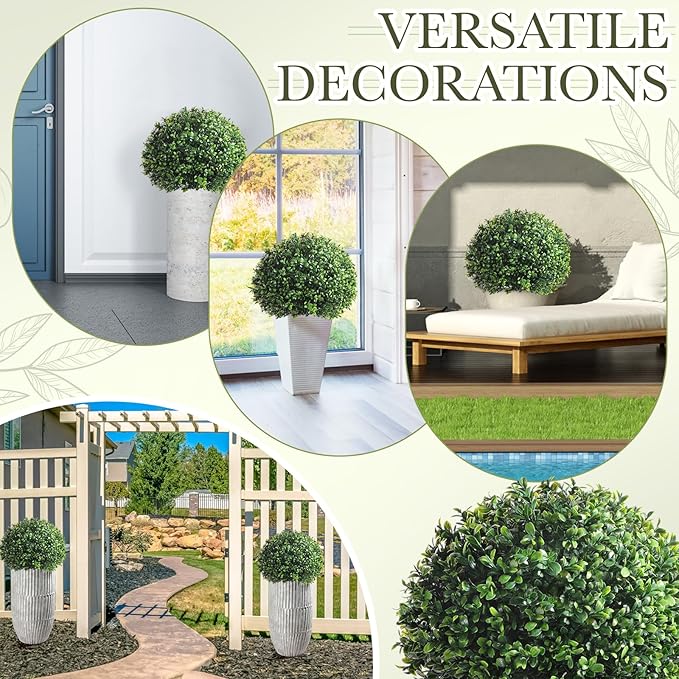 Yunlly 4 Pack 18" Artificial Boxwood Ball Bush Topiary Trees Fake Outdoor Plants, Realistic UV Resistance Faux Shrubs with Spike Greenery Topiary Potted for Front Porch Garden Yard Patio Indoor Decor