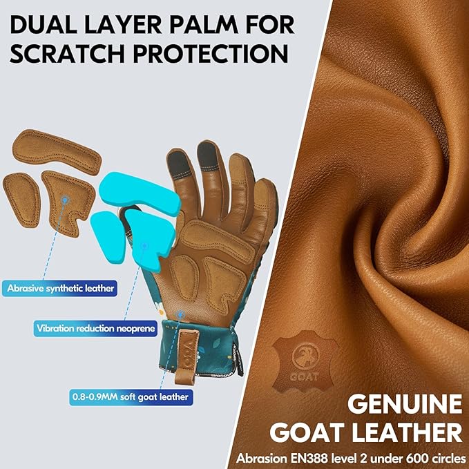 Vgo... 1Pair Gardening Gloves for Women, Goatskin leather Thorn Proof Working Gloves for Weeding, Digging, Raking, Pruning and Planting,Touchscreen(S,Dark Green,GA7471)